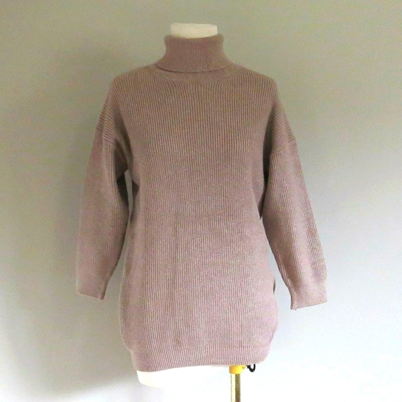 rib knit long turtle neck tunic sweater dress tan size medium brown - Picture 2 of 4